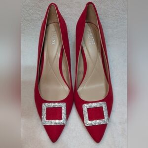 Alfani Womens 9.5 Faux Suede Heels Pointed Toe Red Pumps Silver Sparkle Buckle